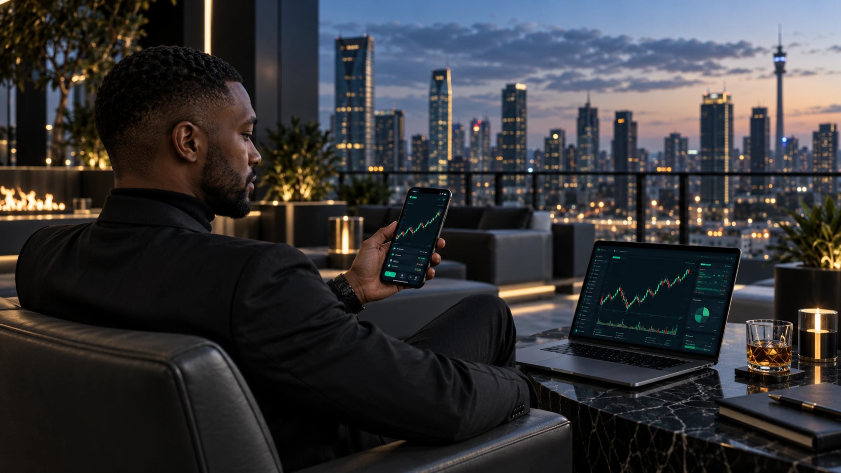 Professional trader monitoring MetaFlux on mobile and laptop overlooking a city skyline