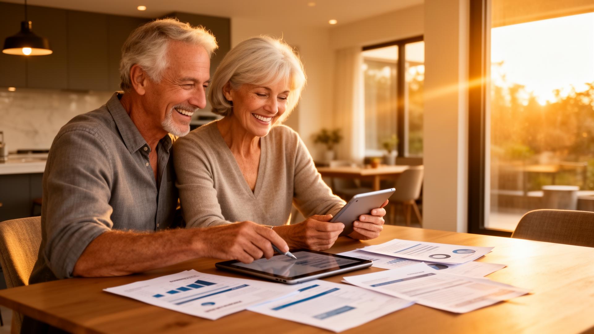 Mature couple reviewing retirement plans at home